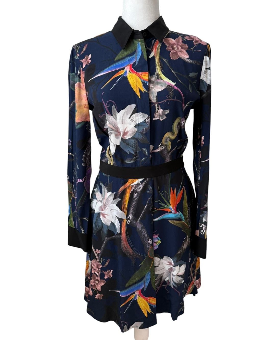 REISS Gilda Navy Rainforest Print Long Sleeve Shirt Dress Size 4 Small - Picture 2 of 13